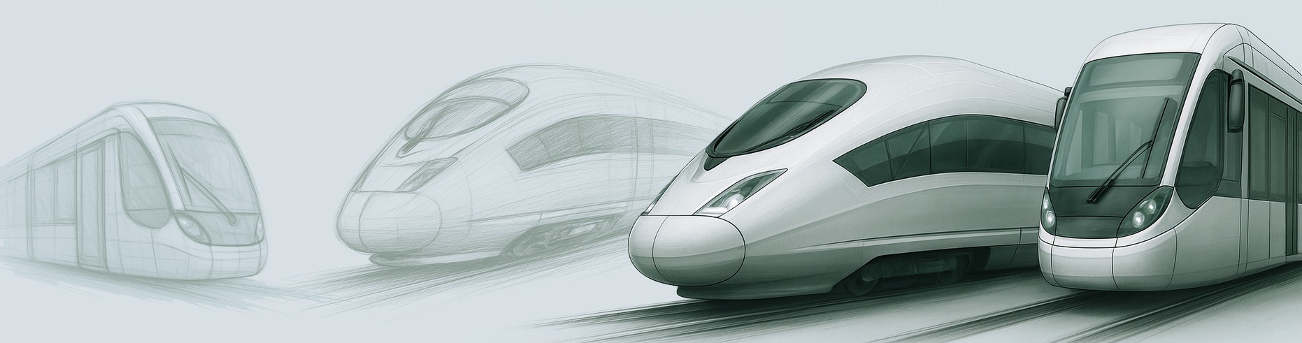 Designskizzen und CAD-Modelle von Hochgeschwindigkeitszügen und Light-Rail-Fahrzeugen (Tram)